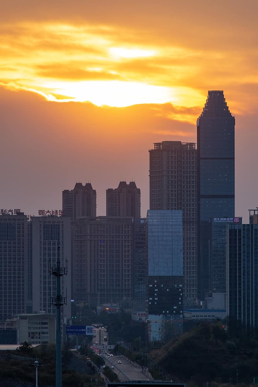 ciudad, edificio, viaje, urbano, vista de la ciudad, horizonte, Guizhou, Guiyang, puesta de sol, Centro de negocios Maotai, Edificio Jinli