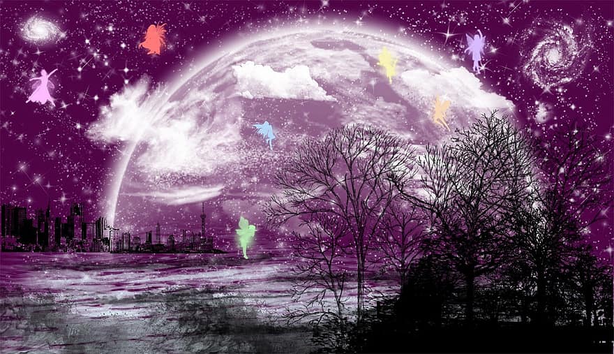 fonas, mėnulis, miestas, miškas, rinkliava, romantiškas, violetinė