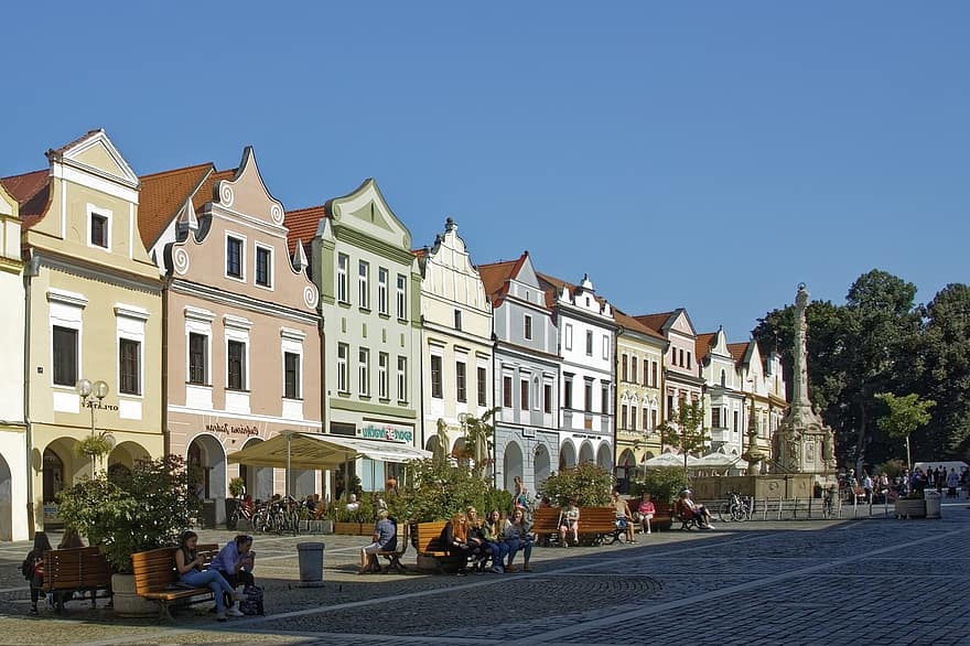 Tjekkiet, bygget, Třeboň, by, historiske centrum, historisk, bygning, byens torv, springvand, bohemia, sydlige bohemier