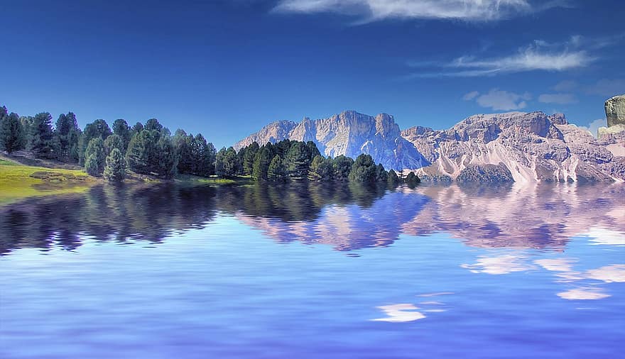 montanhas, lago, arvores, floresta, reflexão, cordilheira, oeschinen λίμνη, Bergsee, πανόραμα, φύση