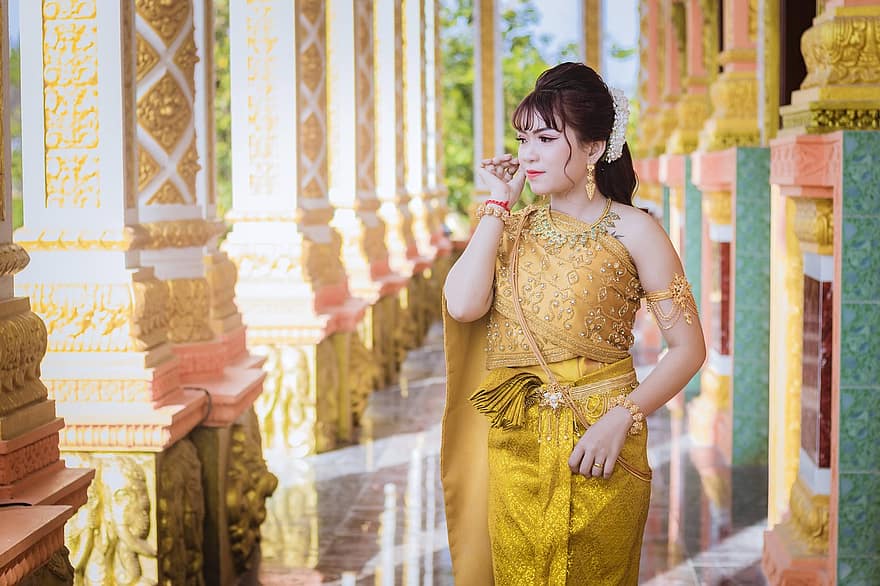 khmer, disfressa, dones, asia, tradicional