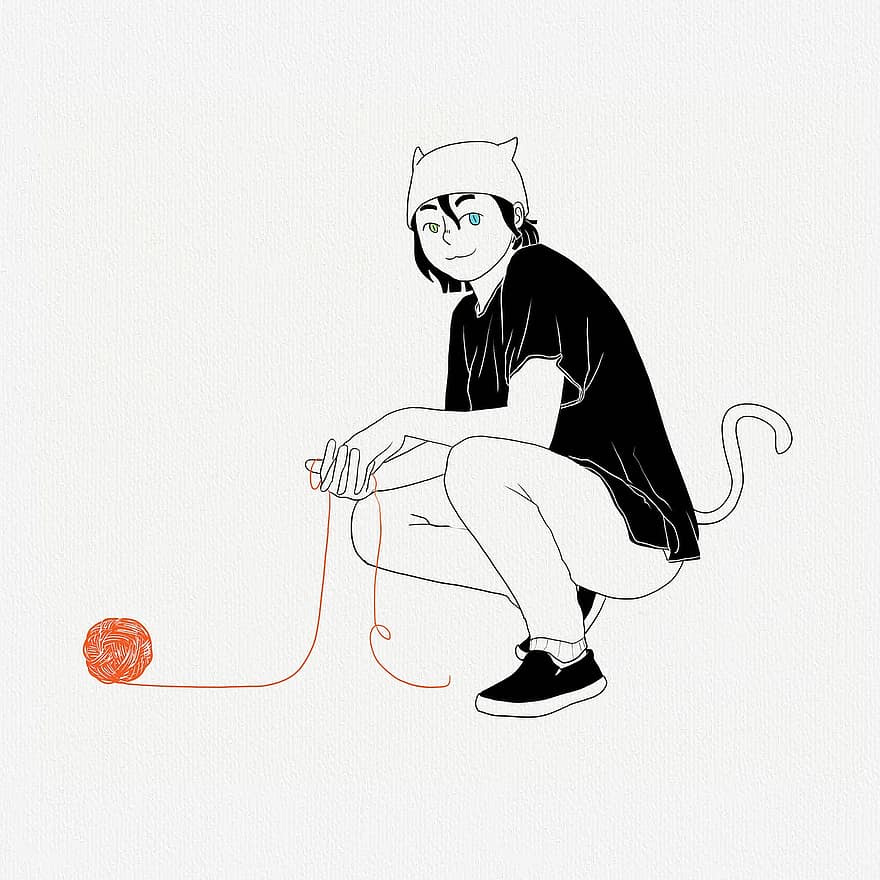Fantasy, Cat, Thread Ball, Boy, Tail, Young, Lovely, Kind