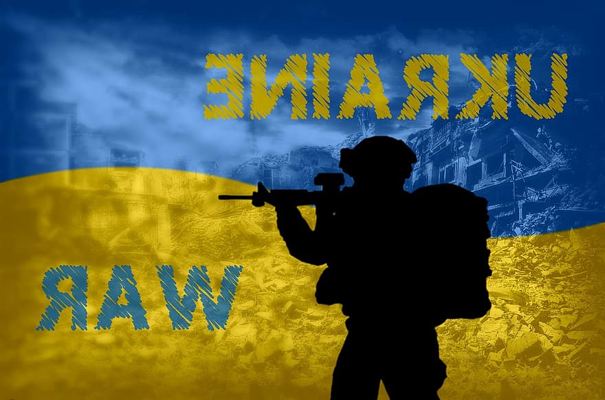 Oekraïne, oorlog, vlag, soldaat, silhouet, ruïnes, conflict, mannen, illustratie, leger, creativiteit
