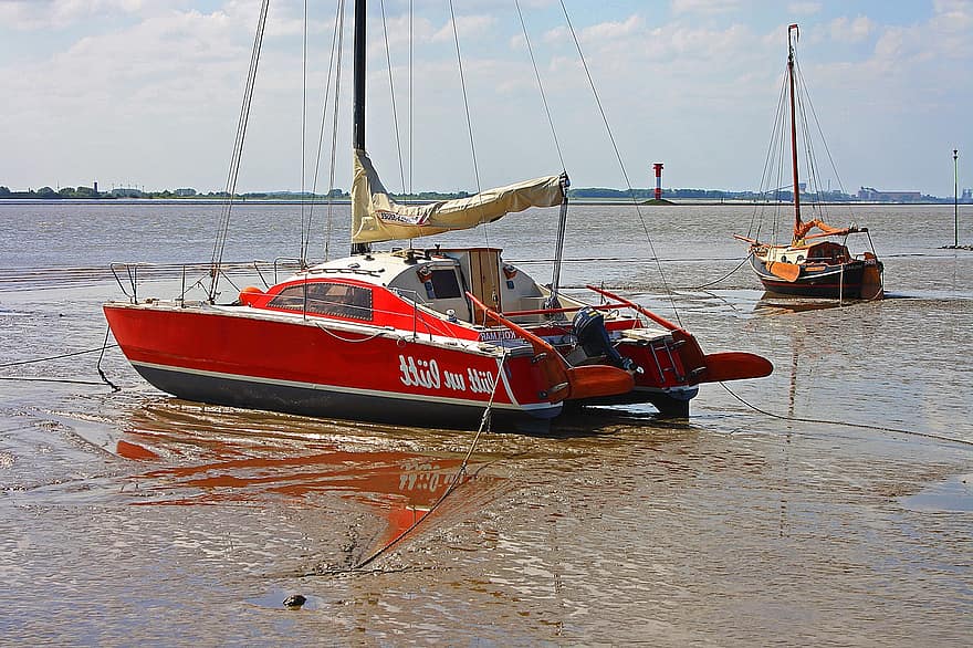 Boats, Coast, Low Tide, River, Sailing Boats, Sailboats, Yacht, Mud, Ebb, Elbe, Kollmar