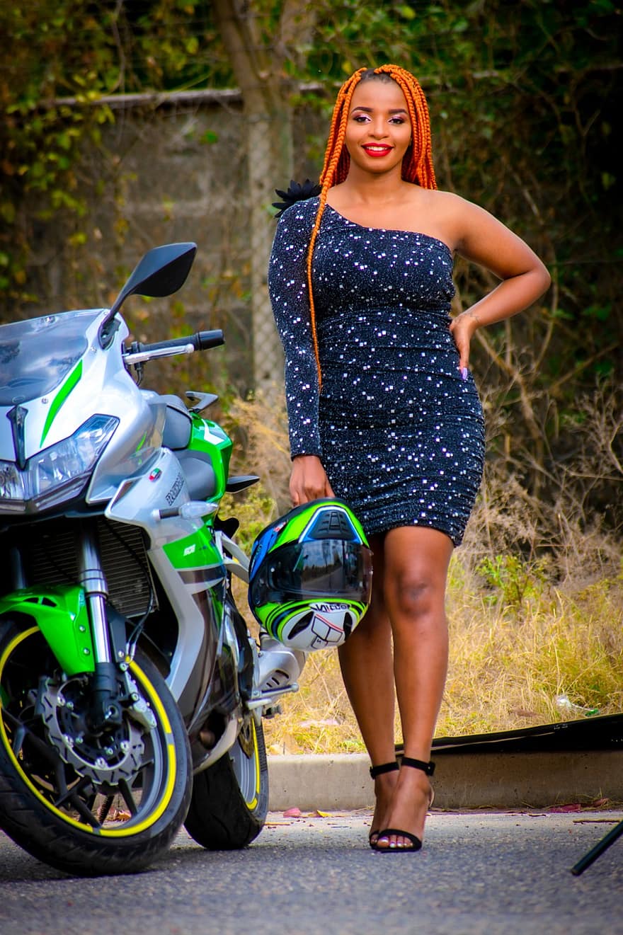 afrikanisch, farbige Frau, Modell-, Mode, Kleiderschrank, Motorrad, Sport, Fahrrad