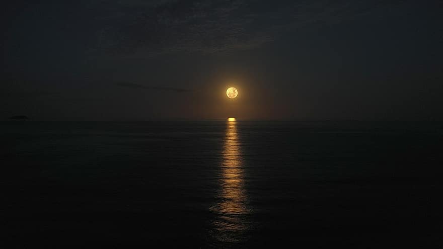 луна, нощ, небе, море, плаж, залез, здрач, вода, слънце, слънчева светлина, вълна