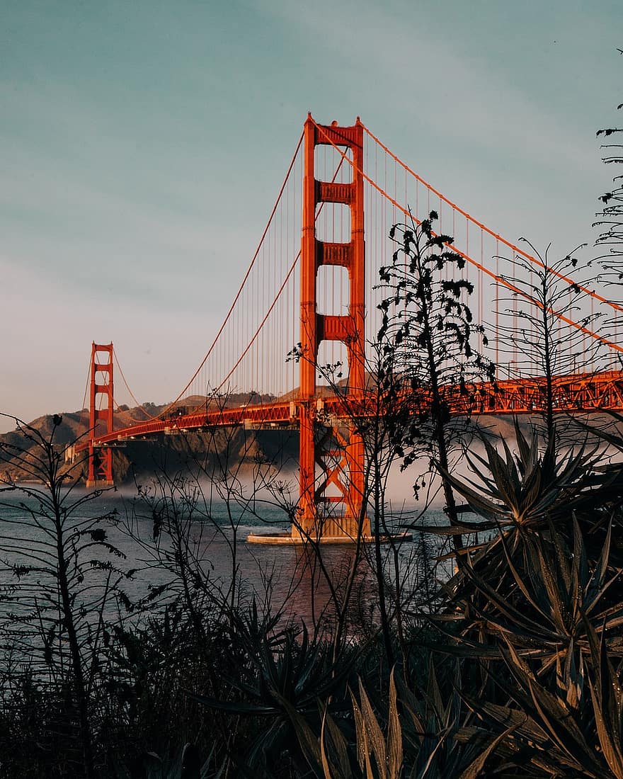 san francisco, Golden Gate-bron, solnedgång, kalifornien, känt ställe, bro, vatten, arkitektur, hängbro, skymning, stadsbild