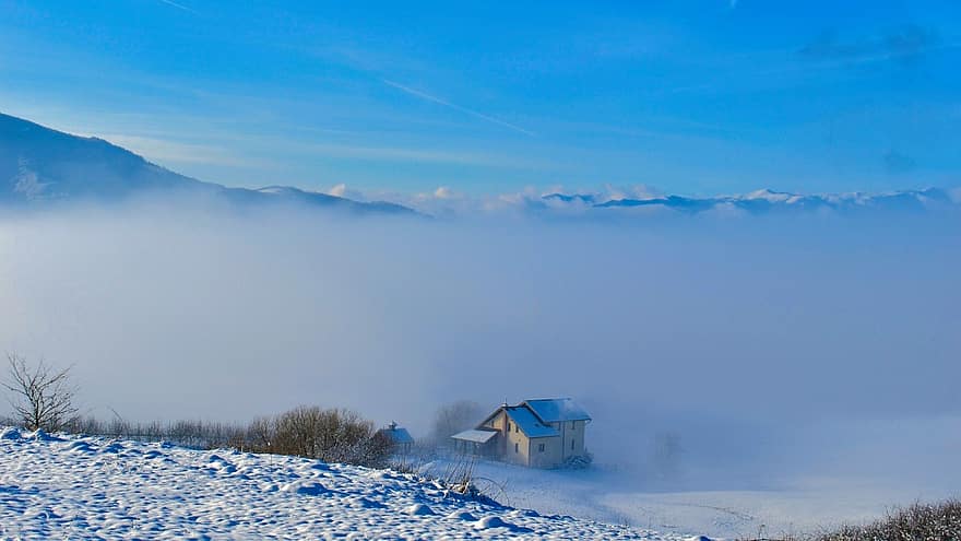köy, sisli, kış, sis, soğuk, ev, bina, kar, peyzaj, kasaba, dağlar