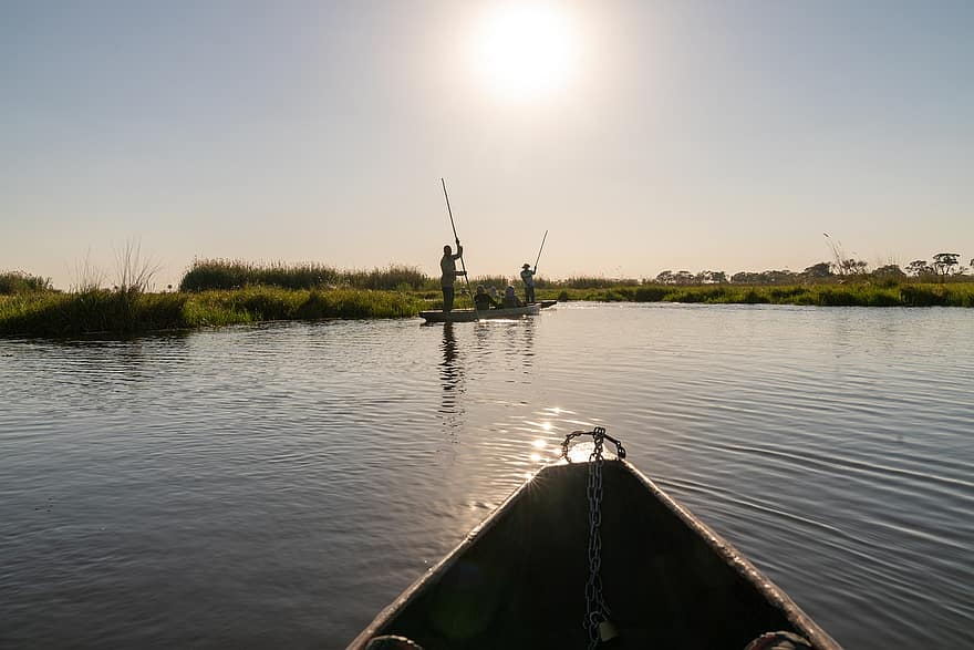 canoe, pescarii, lac, coastă, apus de soare, botswana, Africa, okavango delta, apă, natură