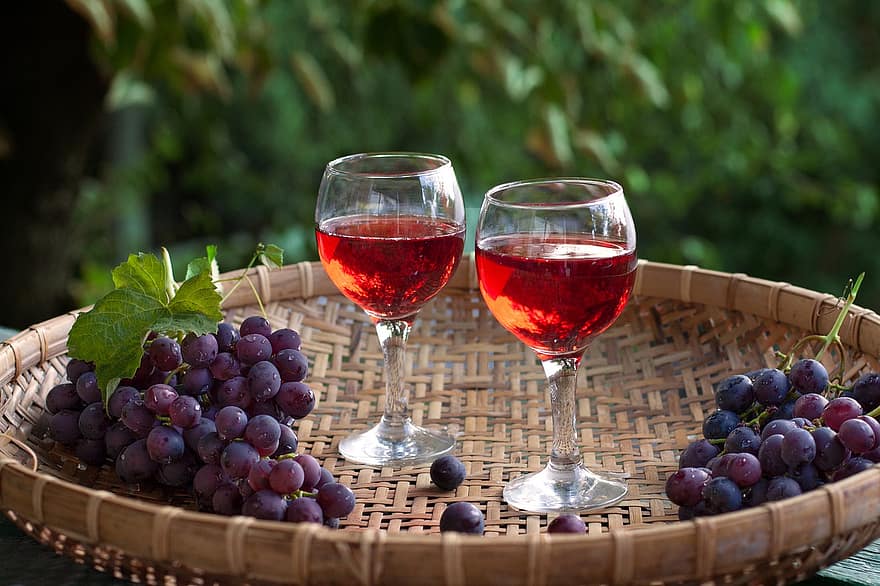 Vīna glāzes, vīns, vīnogas, Klusā daba, augļi, ēdiens, bioloģiski, dabiski, alkoholu, sarkanvīns, dzert