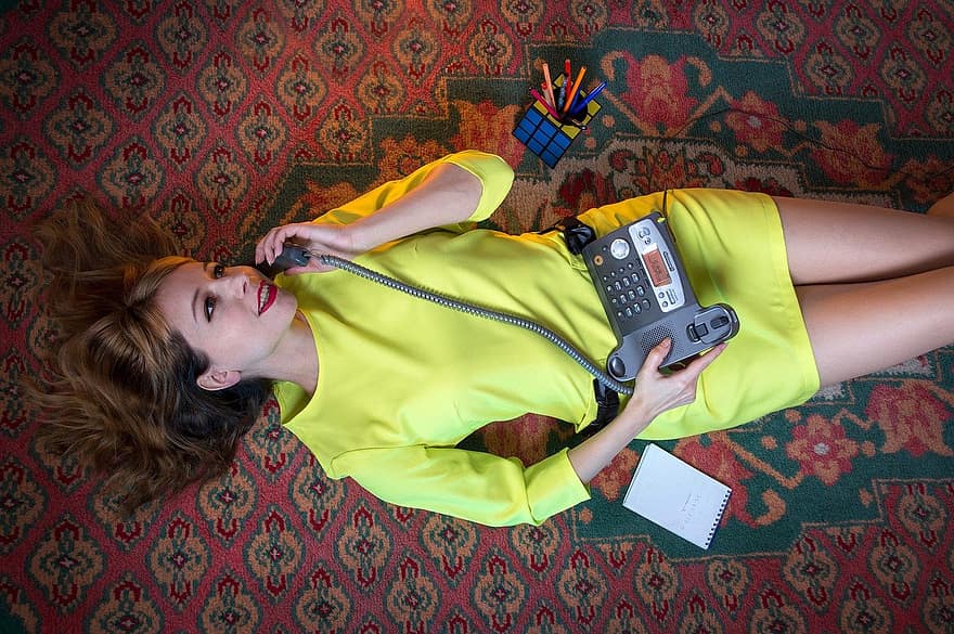 Phone, Connection, Speaking, Vintage, Retro, Lying, Young Woman, Carpet, On The Floor, Lie, 80s