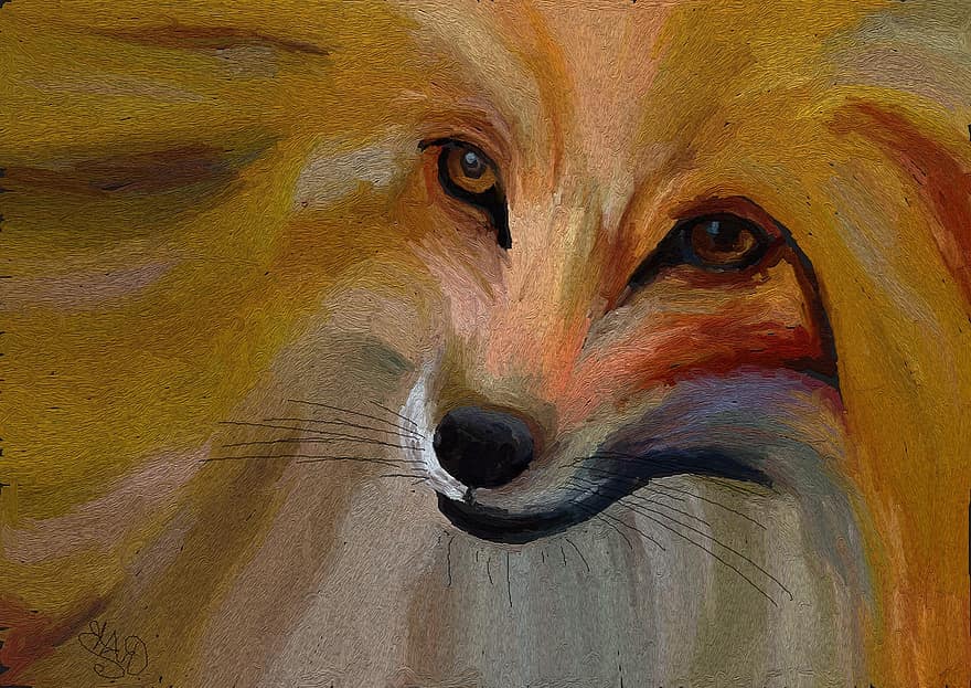 狐、動物、自然、野生、赤、デジタル、油絵