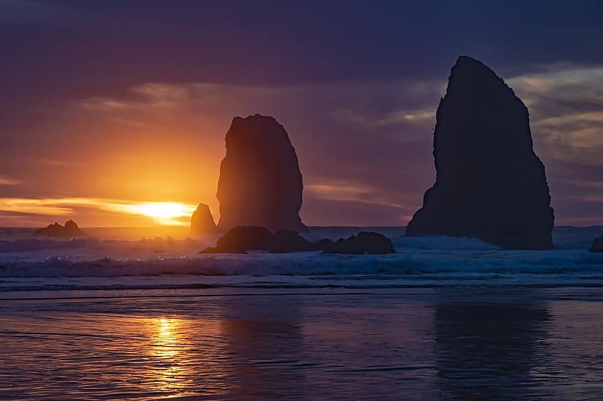 Stillehavet, Oregon, marinemaleri, solnedgang, strand, vand, ø, skumring, kystlinje, solopgang, daggry