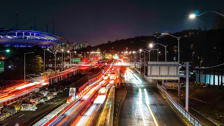 небесен парк, магистрала, нощ, град, стадион на световната купа, път, импресии на глави, Нощен изглед на Сеул, Южна Кореа, Република Корея