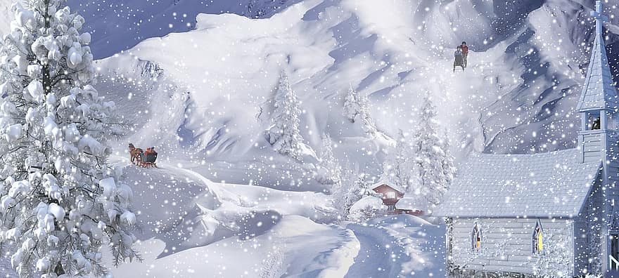 ファンタジー、雪の風景、教会、雪、子供、滑り台、家、冬の物語、ロマンチック、風景、自然