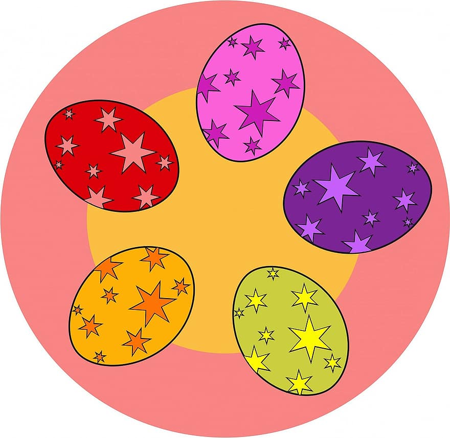 påske, æg, stjerner, farverig, cirkel, lilla, lyserød, rød, orange, gul, grøn