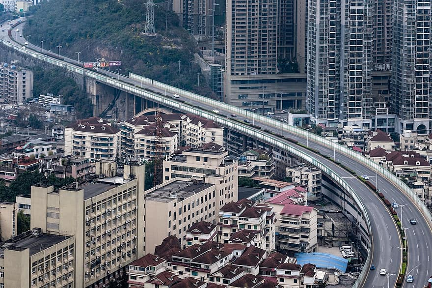 șosea, drum, pasaj superior, Autostradă înălțată, clădiri, oraș, peisaj urban, Expressway, pod, Guiyang, arhitectură