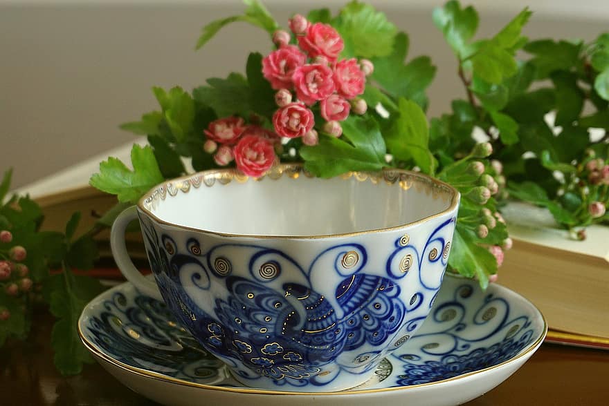 Kobolt kop, en kop te, plade, porcelæn, glas, keramik, Kobolt påfugl, underkop, dessert plade, stå, krus
