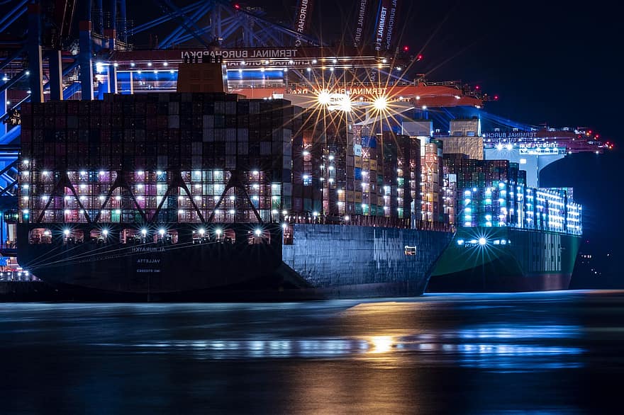 Port, navire, récipient, porte-conteneurs, logistique, nuit, livraison, quai commercial, transport, navire industriel, illuminé
