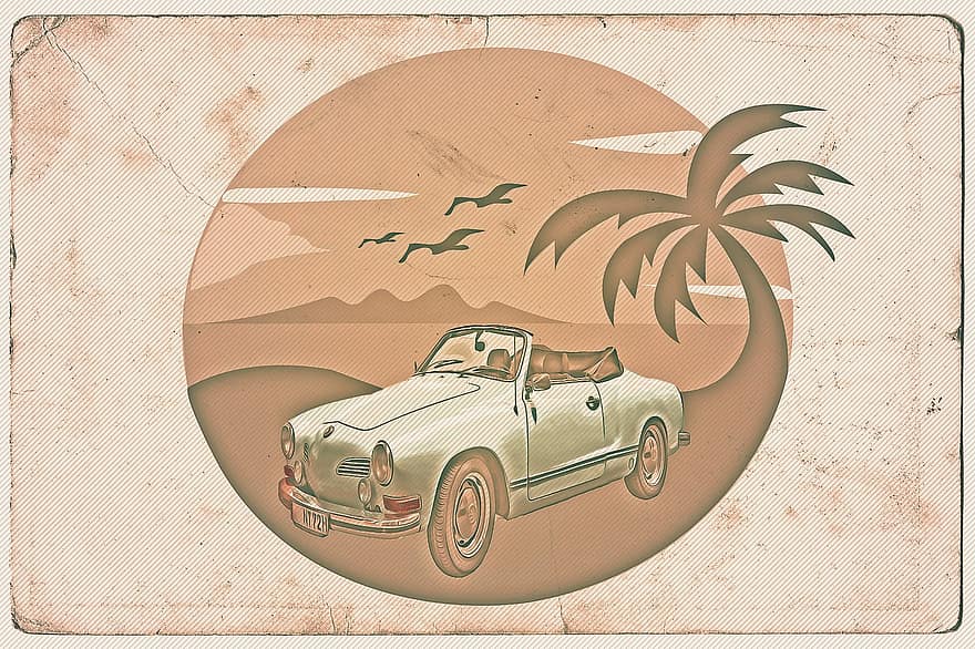 autó, jármű, rajz, képeslap, antik autó, vakáció, nap, pálmafa, háttér