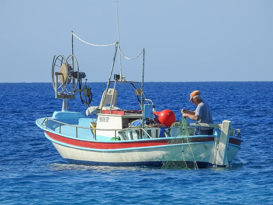 лодка, рибарска лодка, рибар, рибарска мрежа, море
