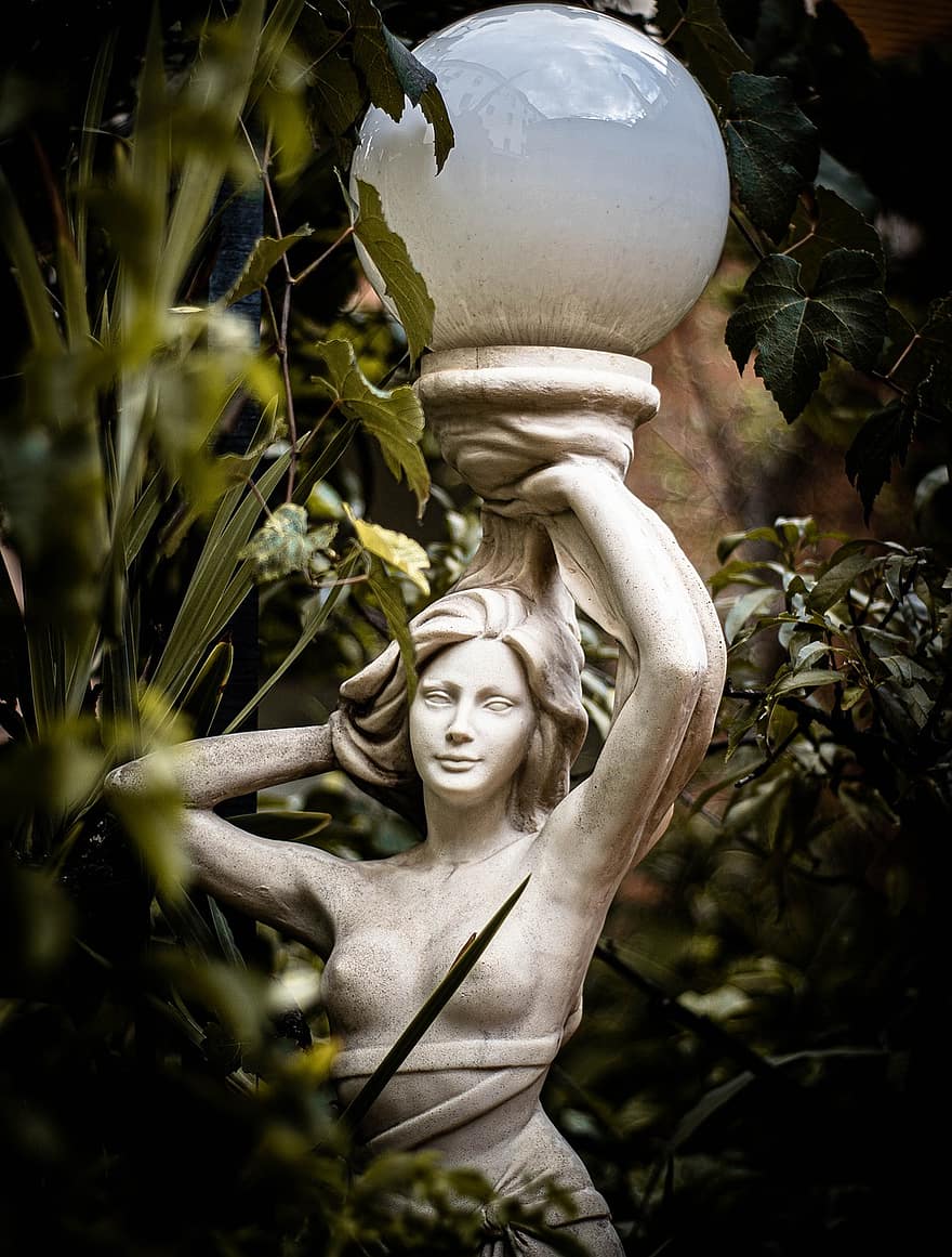 statue, skulptur, plante, gammel, have, figur, ansigt, kvinde