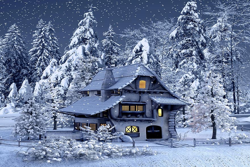 キャビン、家、木、森林、雪、吹雪、クリスマス、冬、自然、休日、お祝い