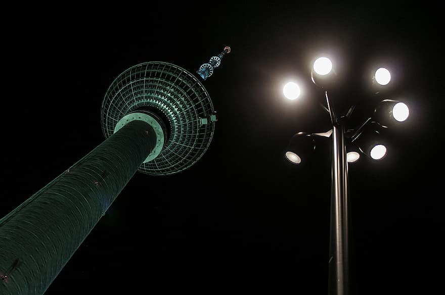Berlín, nit, torre de televisió, torre, arquitectura, llums