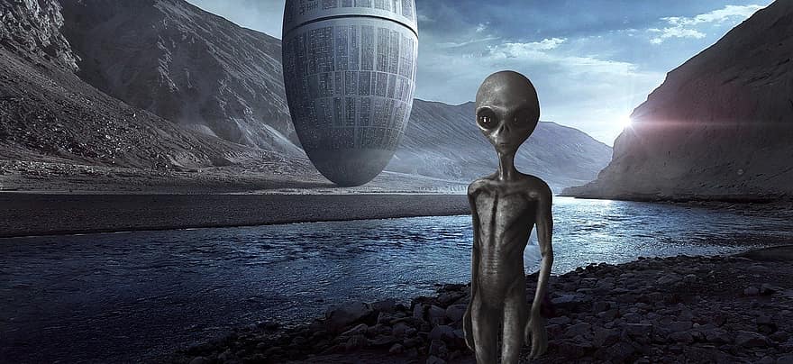 Space Ship, Alien, Sci-fi, Science Fiction, Background, Mountains, River, futuristic, men, robot, science