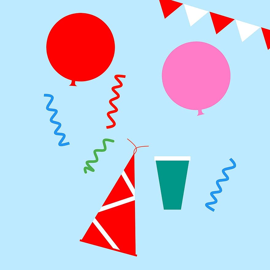 dzimšanas diena, ballīte, svinības, fona, balons, konfeti, dekoru, rotājumi, piegādes, karikatūra, jautri