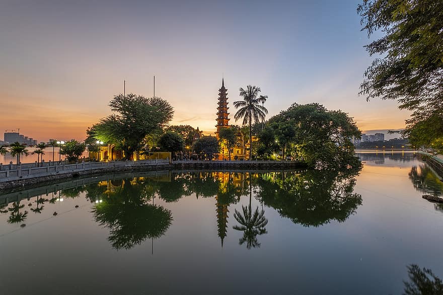 pagoda, lago, tramonto, municipalità, Hanoi, Vietnam, crepuscolo, architettura, posto famoso, notte, riflessione