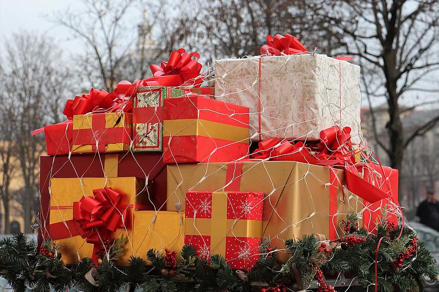hadiah Natal, paket, busur, hadiah, kedatangan, suasana hati, perayaan, dekorasi, musim dingin, kotak, wadah