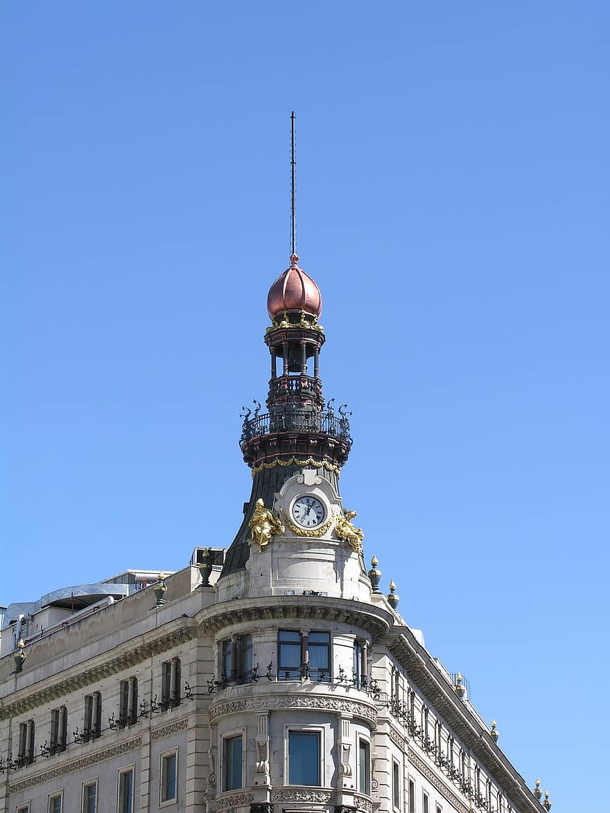 Madrid, Spagna, orologio, cupola, architettura, oro, bronzo, monumento, centro storico, Europa, cielo