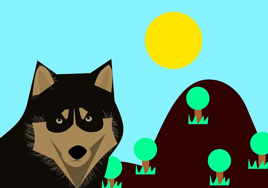 vilkas, animacinis filmas, šuo, laukinės gamtos, miškas, tamsus, saulė, sėdi, graudimas, vien tik, laukiniai