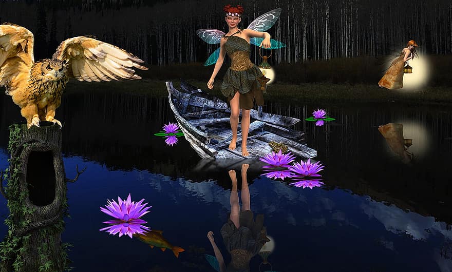 Fantasy, Woods, Mystery, Landscape, Reflections, Dark, Fairies, Nature, Forest, Flowers, Lilies