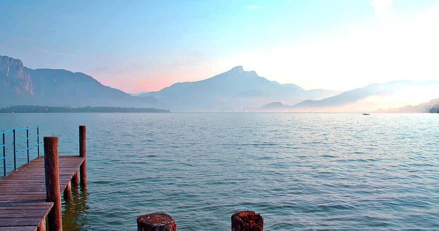 lago, agua, mondsee, Áustria, nascer do sol, montanhas, natureza, panorama, doca, cenário, cênico