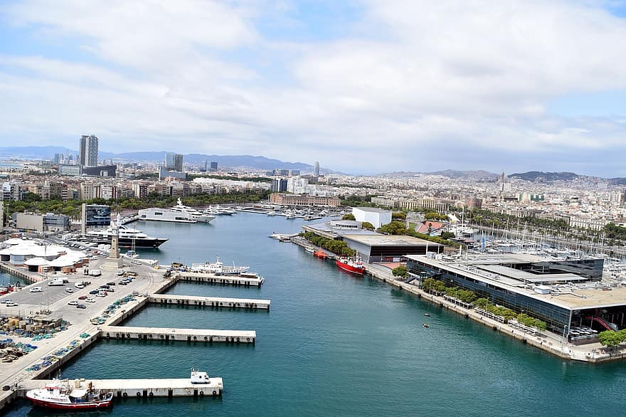 Barcelona, port, mare, Spania, Catalonia, oraș, peisaj urban, barci, navă, marina, ocean