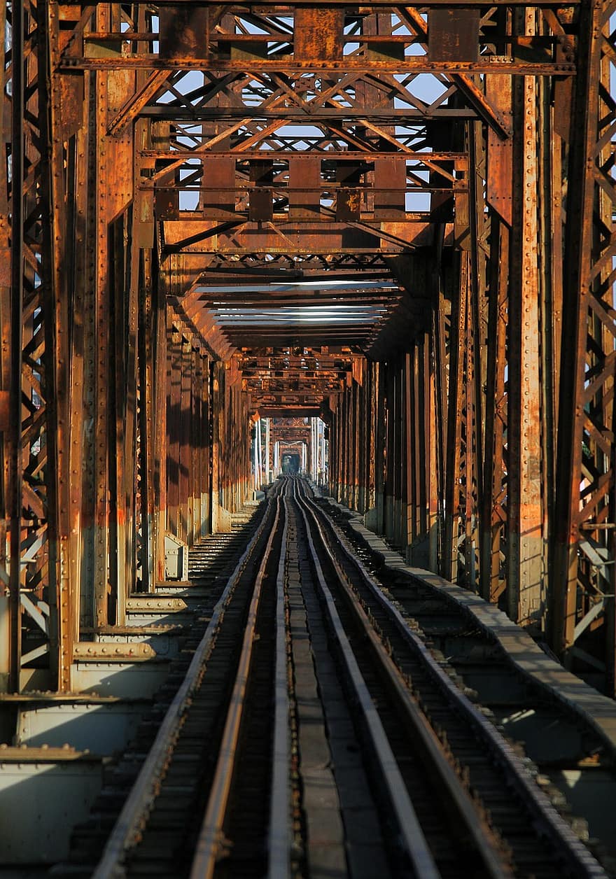 pont, chemin de fer, ha noi, le vietnam, le coucher du soleil, vieux pont, ancienne voie ferrée, pont en acier, rouille