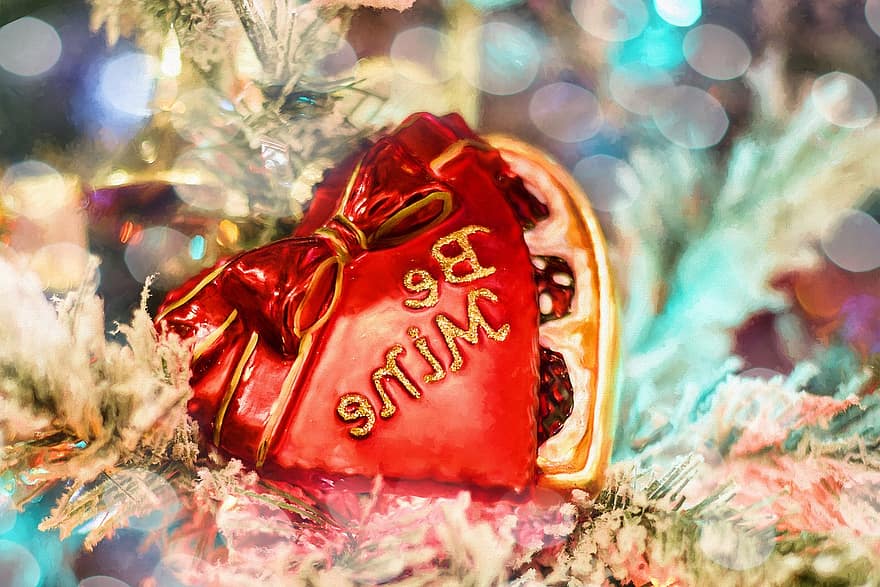 Noël, ornement, cœur, boîte de chocolats, rouge, vacances, décoration, décoratif