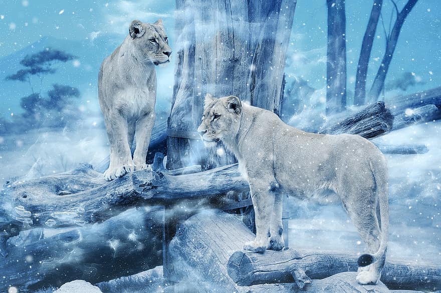lioness, katt, snö, djur-, konst, årgång, vinter-, natur, kattdjur, rovdjur, dekorativ
