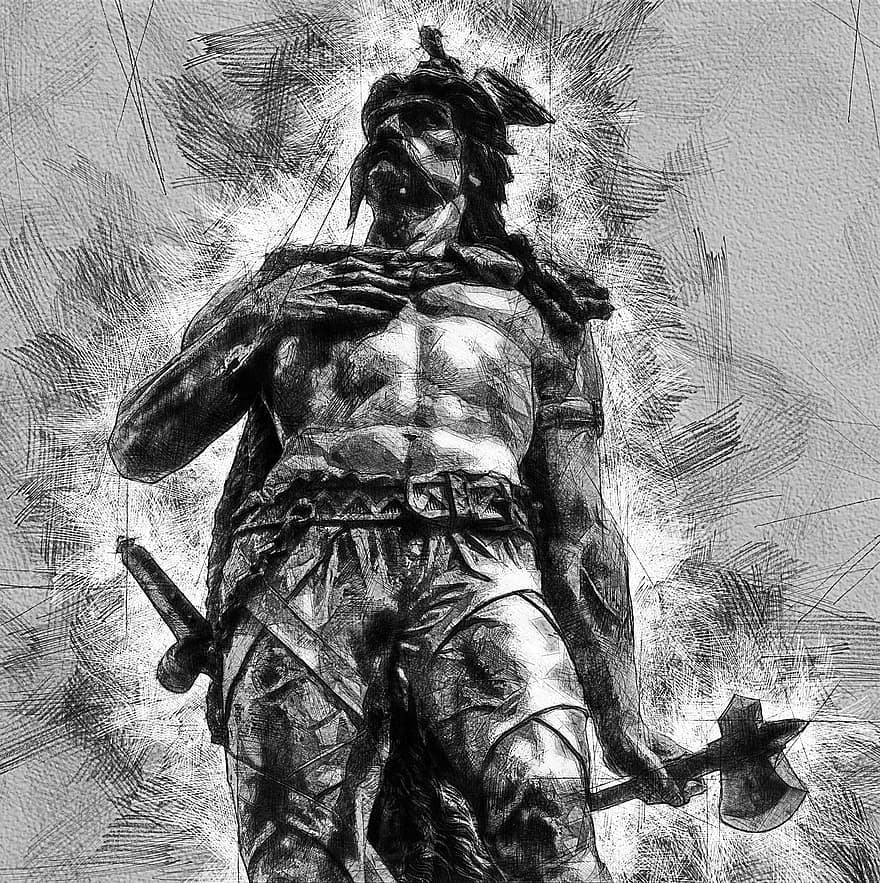 Statue, Leader, Warrior, Battle, Ambiorix, War, Ancient, History, Creativity, black and white, illustration