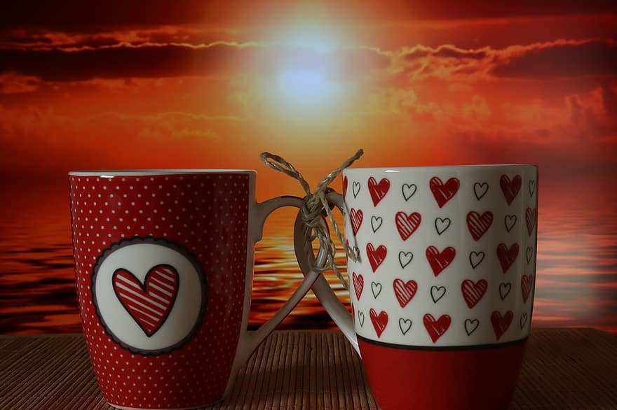 kopper, kaffe, par, krus, hjerte, elskere, sammen, tilkoblet, romantisk, valentine, solnedgang