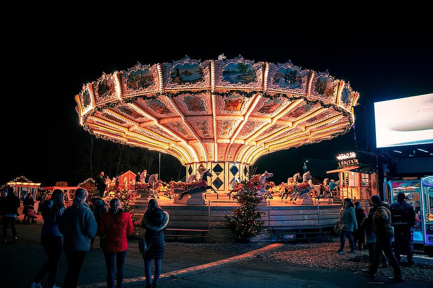Fair, Carousel, Christmas Market, Folk Festival, Night, People, traveling carnival, illuminated, fun, nightlife, lighting equipment