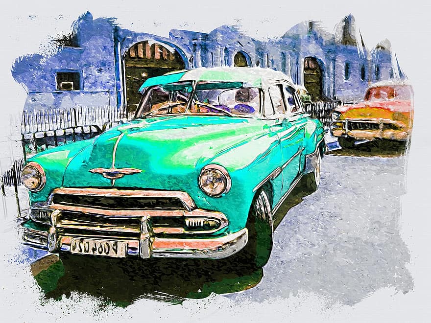 havana, Kuba, automašīnu, antikvariāts, klasika, retums, retro, transportu, oldsmobile, transportlīdzekli, glezna