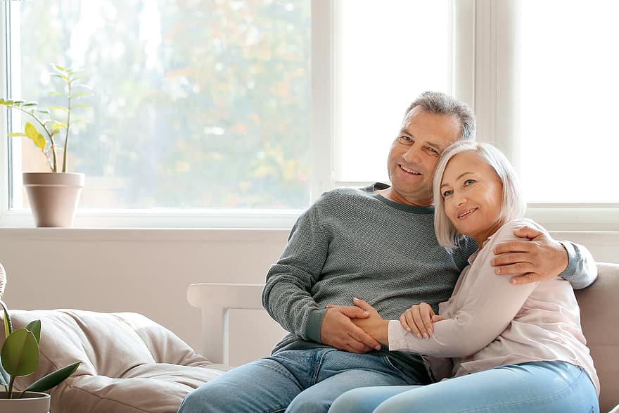 senior, couple, home, man, woman, retired, retirement, happiness, smiling, indoor, husband