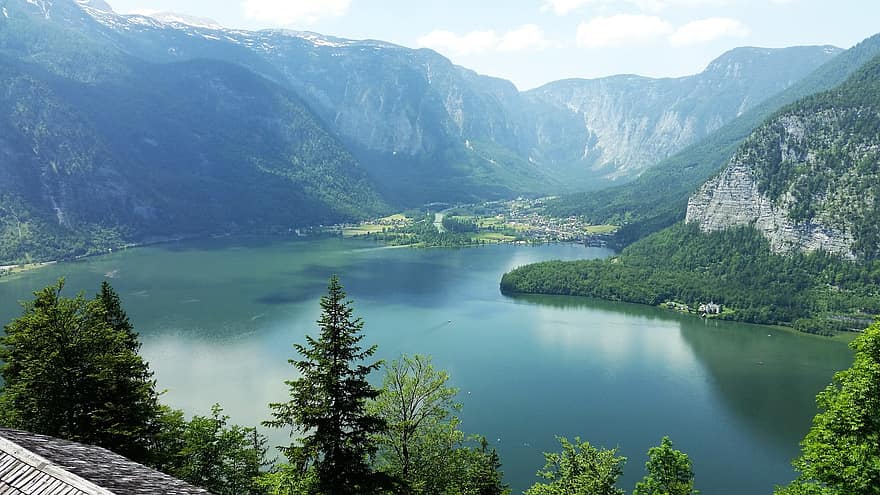 lago, montanhas, Hallstatt, natureza, Cidade, Áustria, cenário, agua, reflexão, cadeia de montanhas
