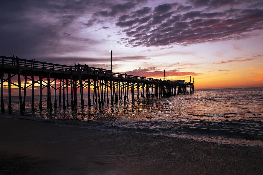 solnedgang, Strand, balboa pier, California Beach, brygge, hav, vann, horisont, himmel, skyer, sand