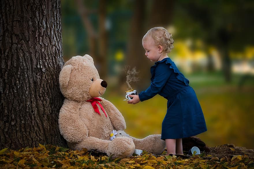 con gái, gấu bông, trà, công viên, thời gian, chơi