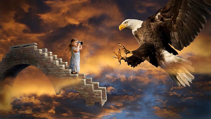 fantasía, águila, escalera, niña, mágico, cielo, cañutillo, taller de gimp, photoshop