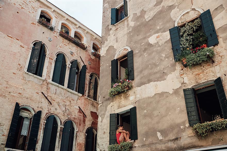 сгради, фасада, прозорци, стари сгради, стена, апартаменти, стар град, град, Венеция